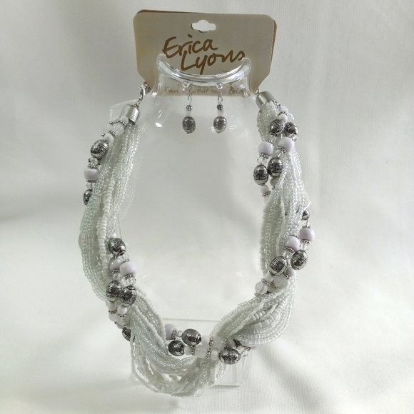 Erica Lyons Twisted Statement Necklace Earring Set White Silver 19" Multi-Strand - Picture 5 of 6